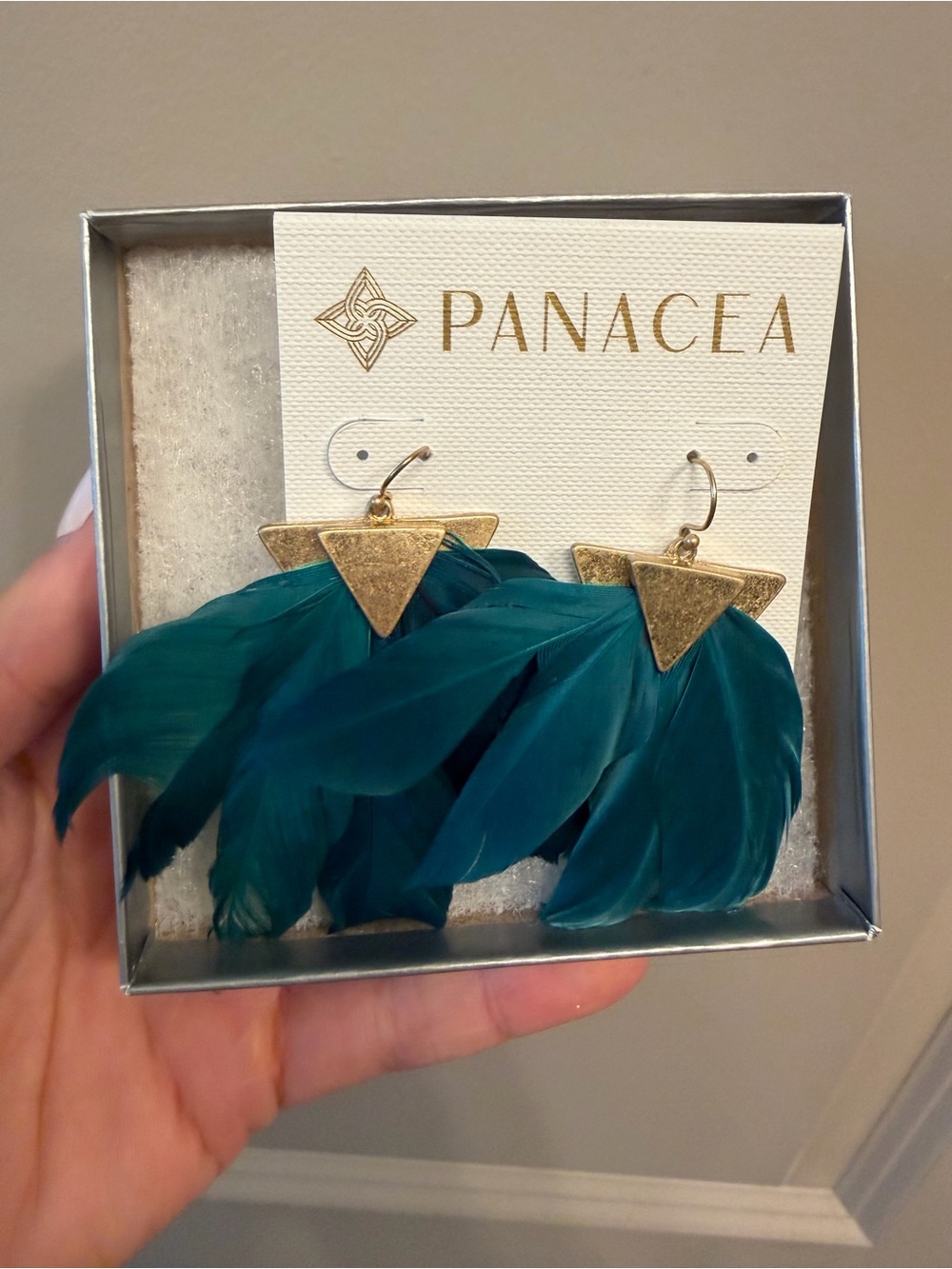 Teal Feather Drop Earrings - Gold Triangle Accent